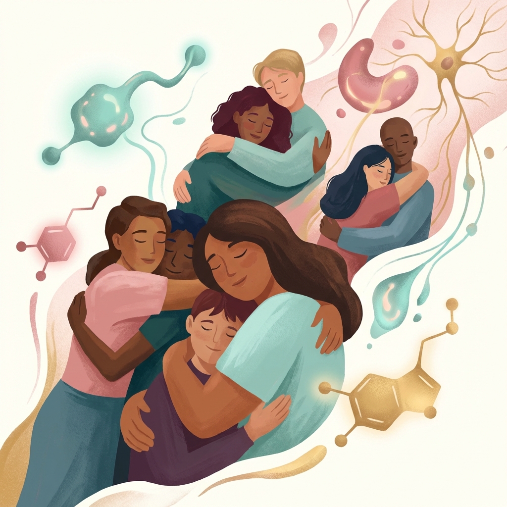 Personas abrazándose con representaciones de oxitocina