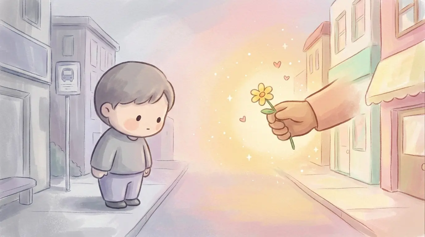 Ilustración de un niño caminando por la calle mientras una mano le ofrece una flor