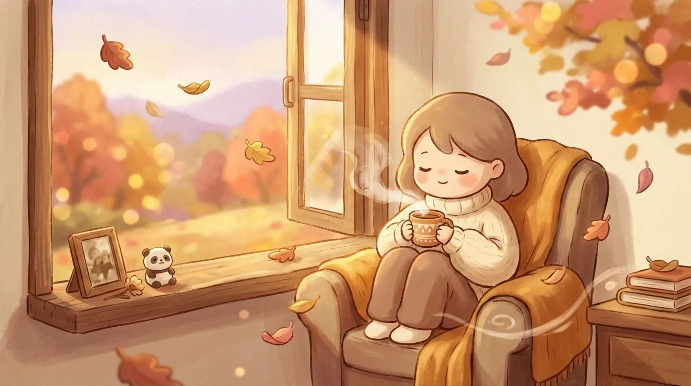 Ilustración de una persona disfrutando una taza caliente junto a una ventana con paisaje otoñal