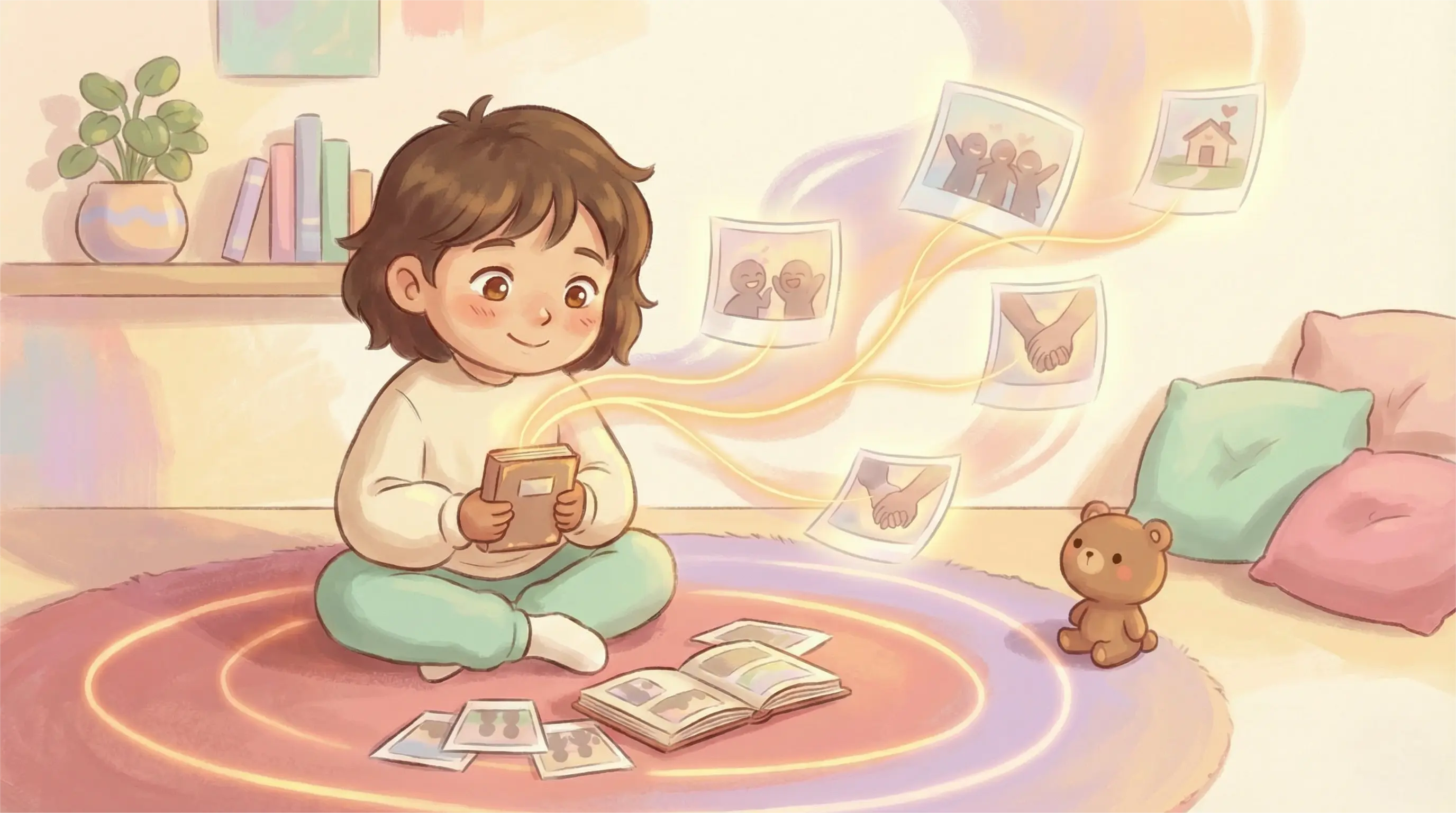 Ilustración de un niño rodeado de fotos y recuerdos flotando en su habitación